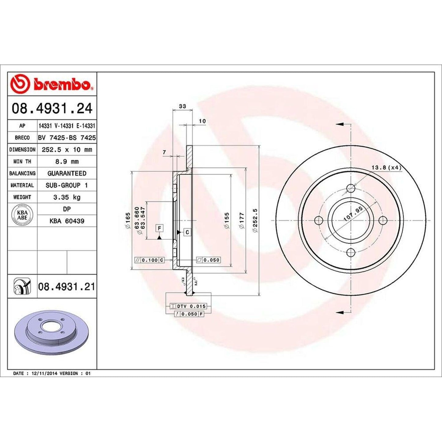 BRE-08.4931.21 - PAR DE DISCOS DE FRENO TRASEROS PARA FORD FIESTA ST 2008-2016