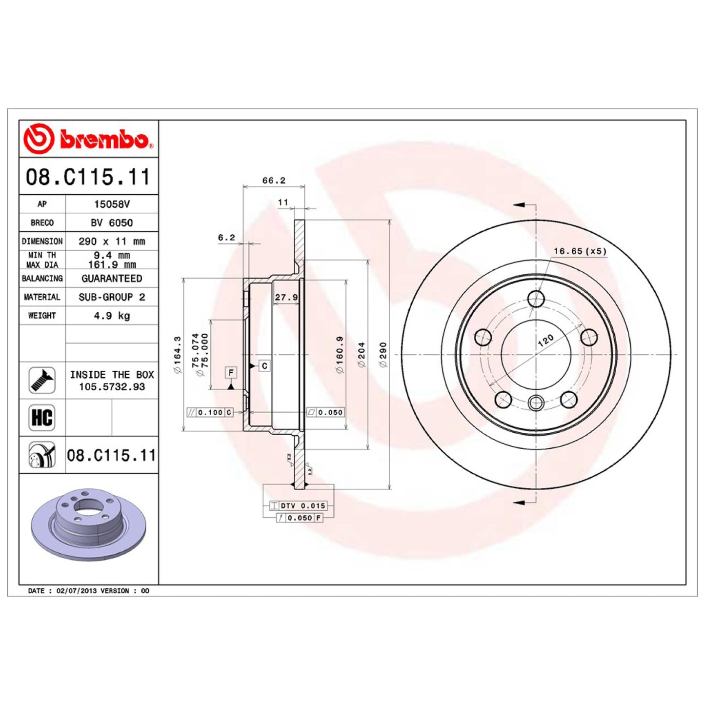 BRE-08.C115.11 - PAR DE DISCOS DE FRENO TRASEROS PARA BMW 118I BASE 2012-2015