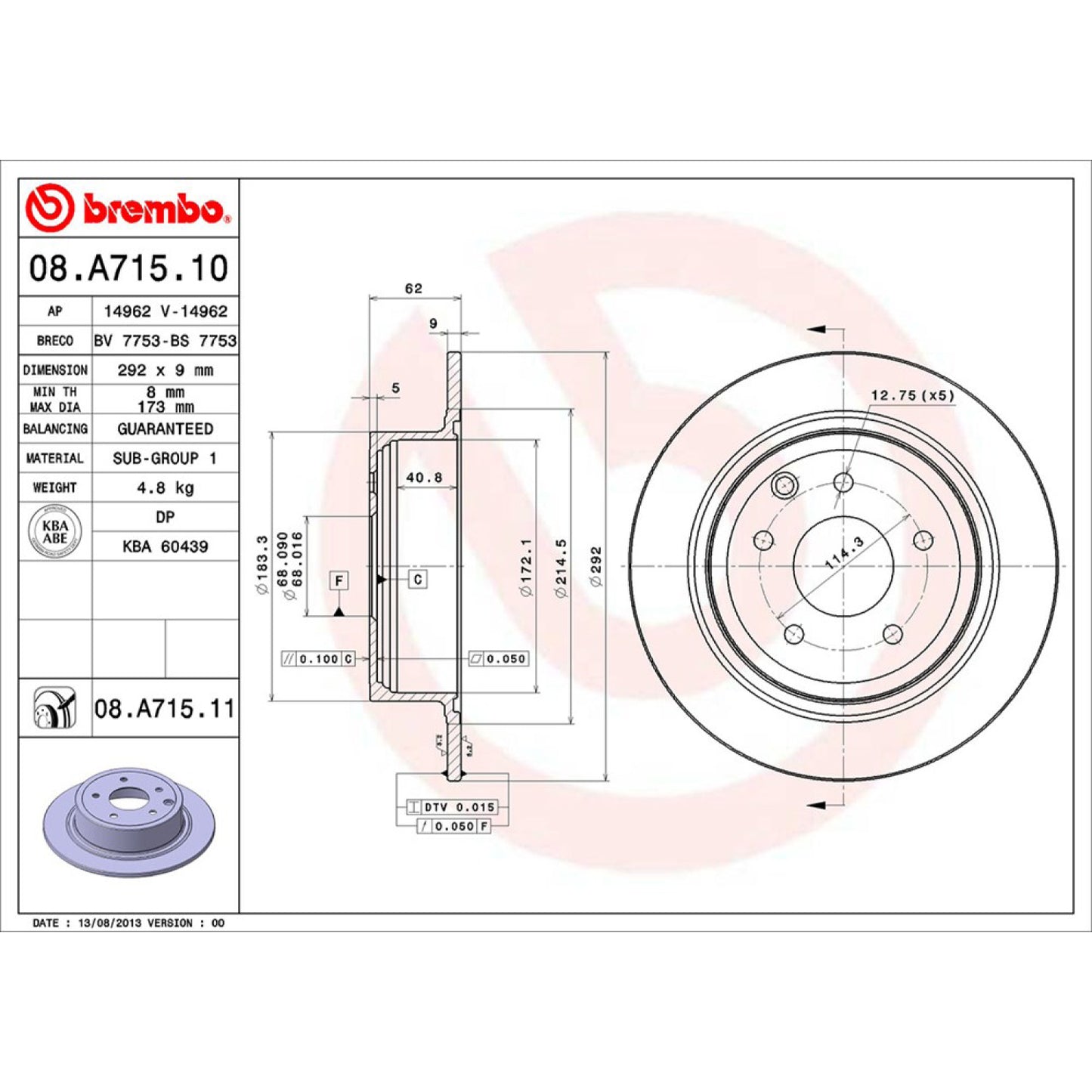 BRE-08.A715.10 - PAR DE DISCOS DE FRENO TRASEROS PARA NISSAN ALTIMA ADVANCE 2019-2021