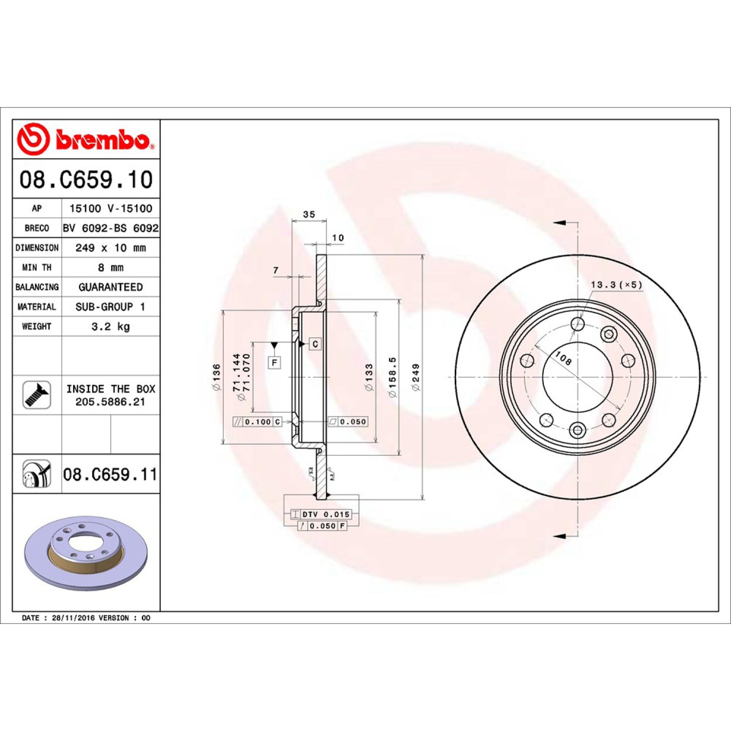 BRE-08.C659.11 - PAR DE DISCOS DE FRENO TRASEROS PARA PEUGEOT 308 ALLURE 2016-2017