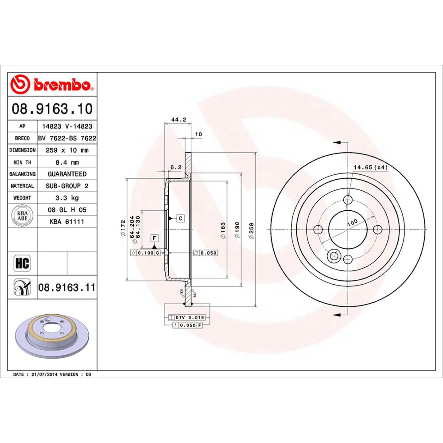 BRE-08.9163.10 - PAR DE DISCOS DE FRENO TRASEROS PARA MINI COOPER BASE 2006-2006