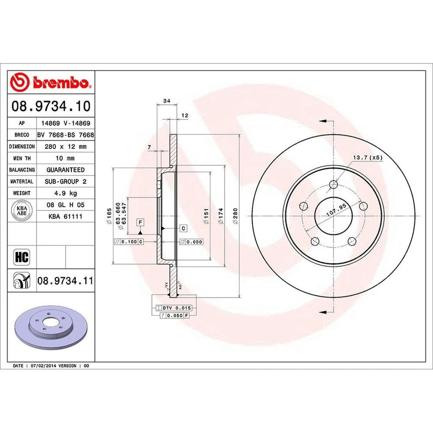 BRE-08.9734.11 - PAR DE DISCOS DE FRENO TRASEROS PARA FORD MONDEO CORE 2001-2007