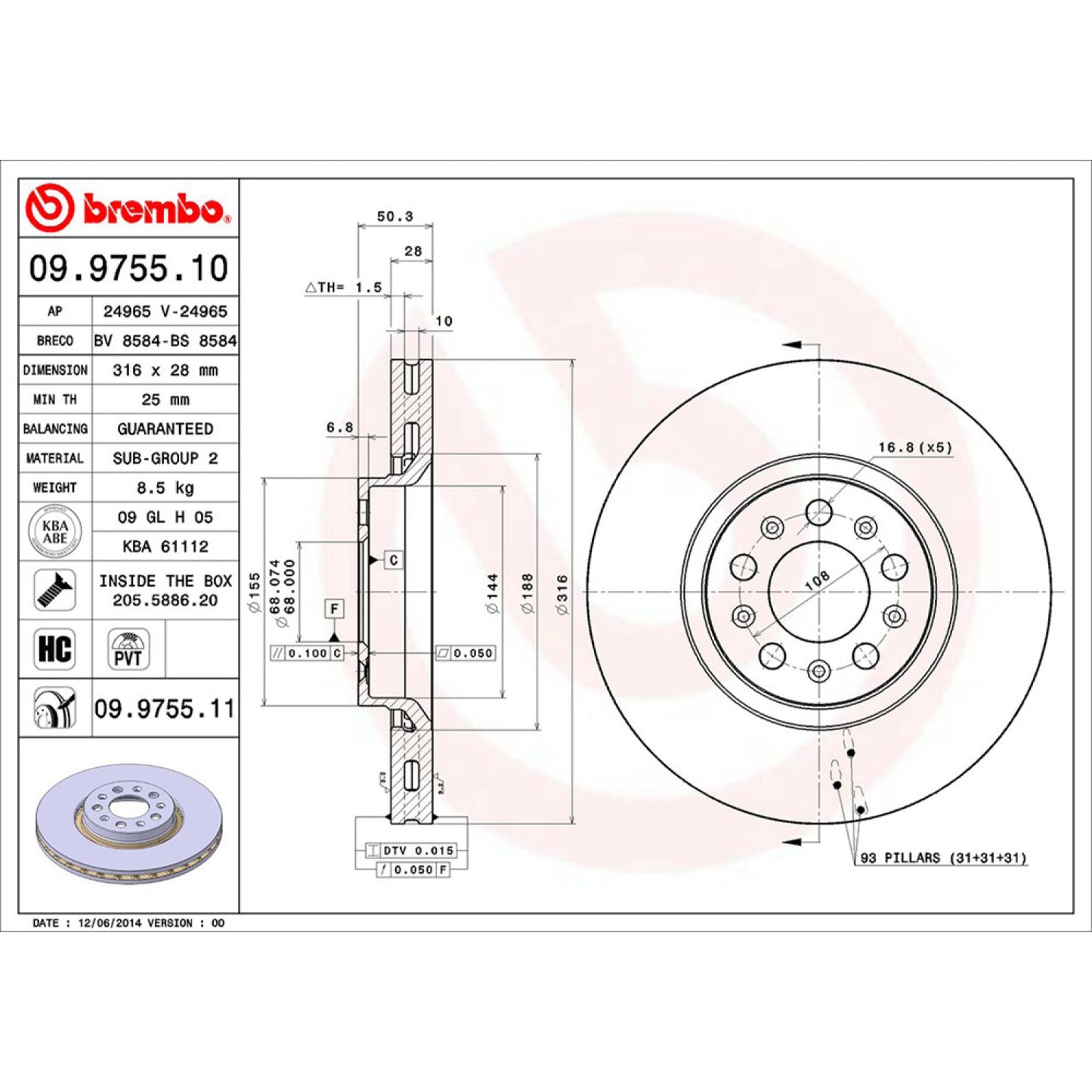 BRE-09.9755.10 - PAR DE DISCOS DE FRENO DELANTEROS PARA VOLVO XC90 2.5T 2004-2007