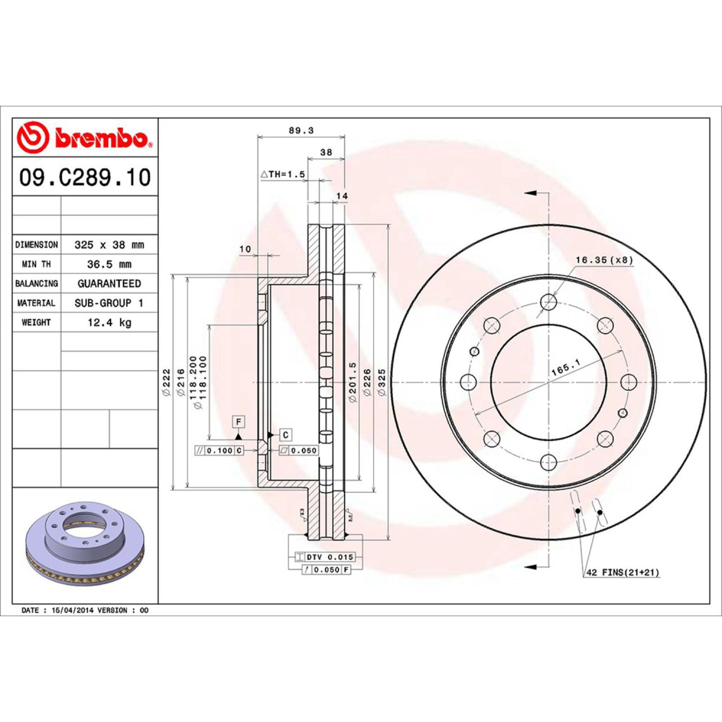 BRE-09.C289.10 - PAR DE DISCOS DE FRENO DELANTEROS PARA CHEVROLET AVALANCHE 2500 BASE 2002-2004