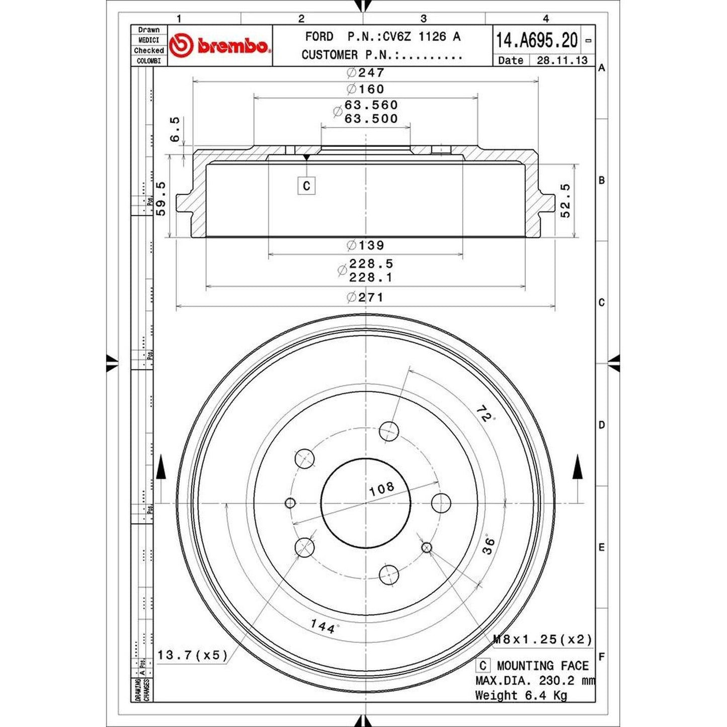BRE-14.A695.20 - PAR DE TAMBORES DE FRENO TRASEROS PARA FORD FOCUS AMBIENTE 2014-2014