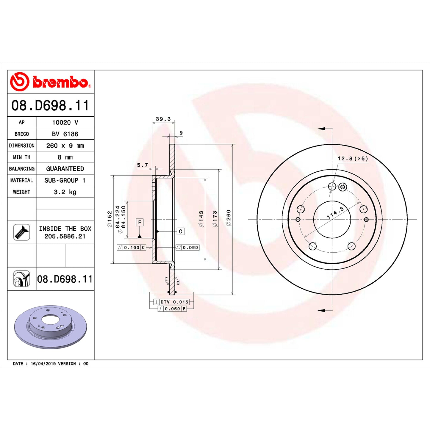 BRE-08.D698.11 - PAR DE DISCOS DE FRENO TRASEROS PARA HONDA CIVIC COUPE 2018-2018