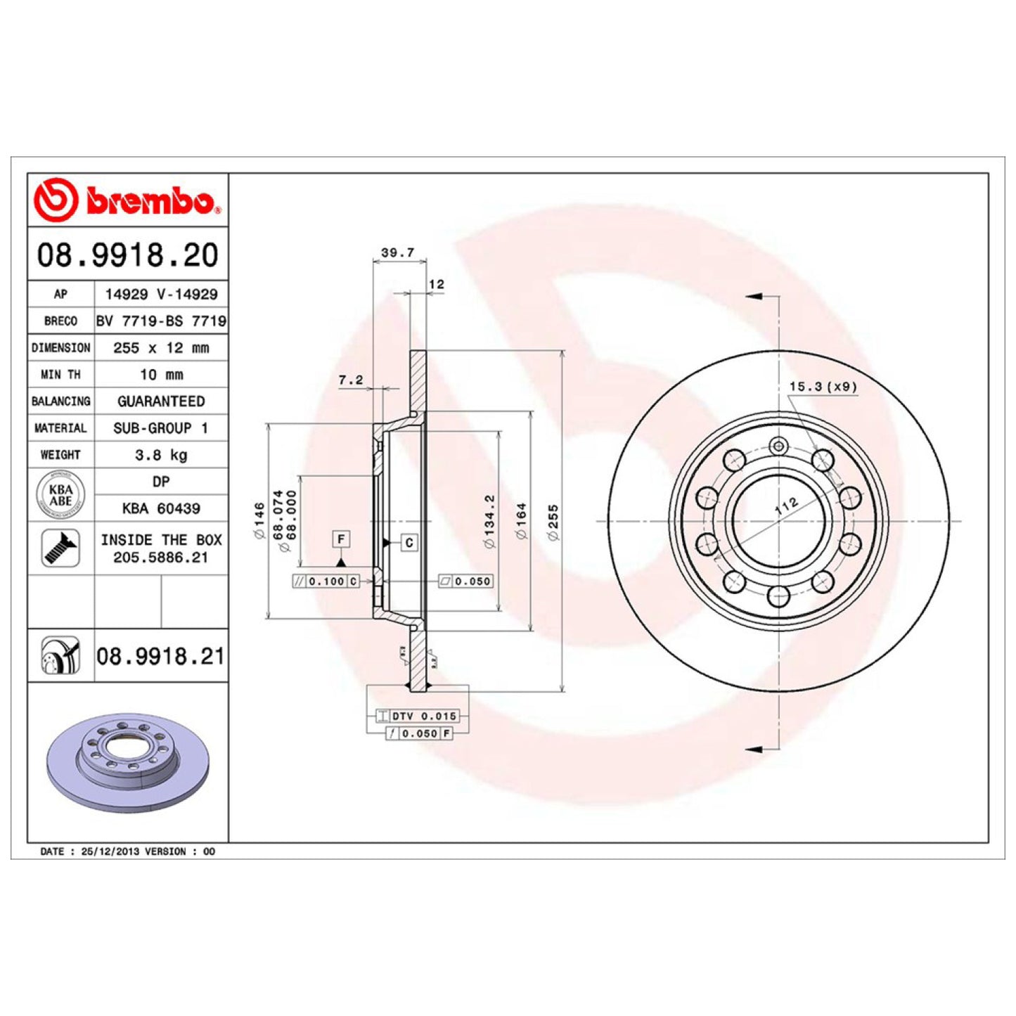 BRE-08.9918.20 - PAR DE DISCOS DE FRENO TRASEROS PARA AUDI A4 AVANT 2004-2005