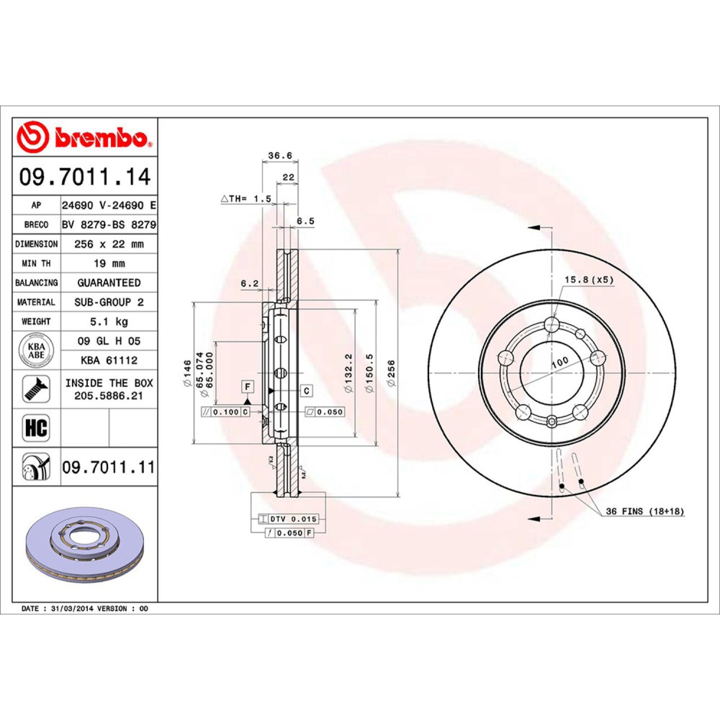 BRE-09.7011.10 - PAR DE DISCOS DE FRENO DELANTEROS PARA AUDI A1 ACTIVE 2016-2016