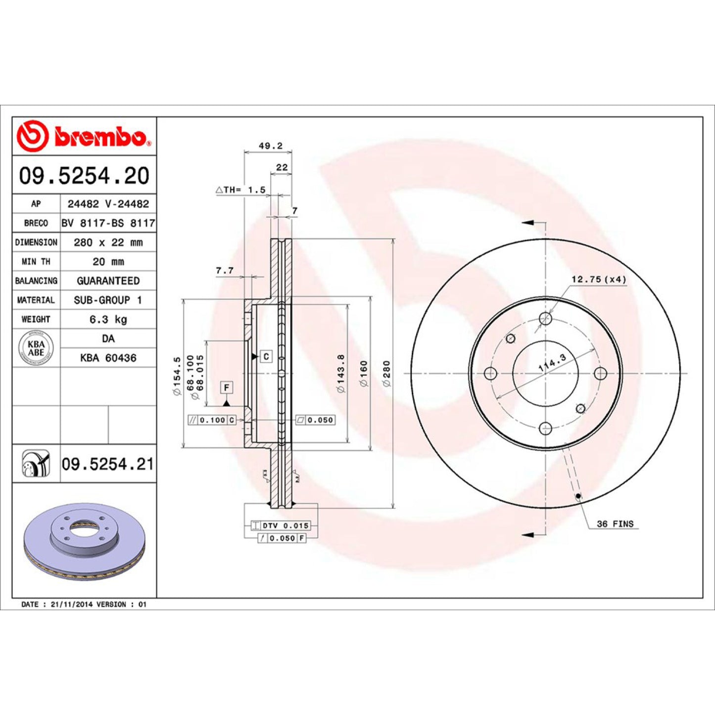 BRE-09.5254.20 - PAR DE DISCOS DE FRENO DELANTEROS PARA NISSAN ALTIMA BASE 1993-1993