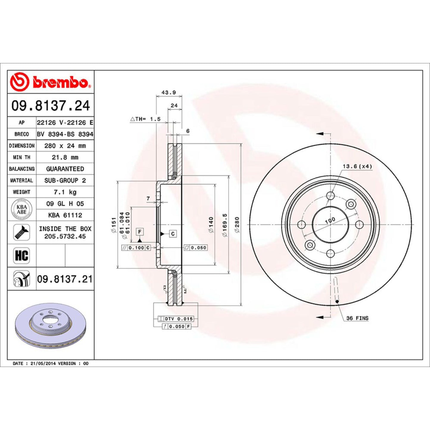 BRE-09.8137.20 - PAR DE DISCOS DE FRENO DELANTEROS PARA RENAULT CLIO BLUE EDITION 2004-2004