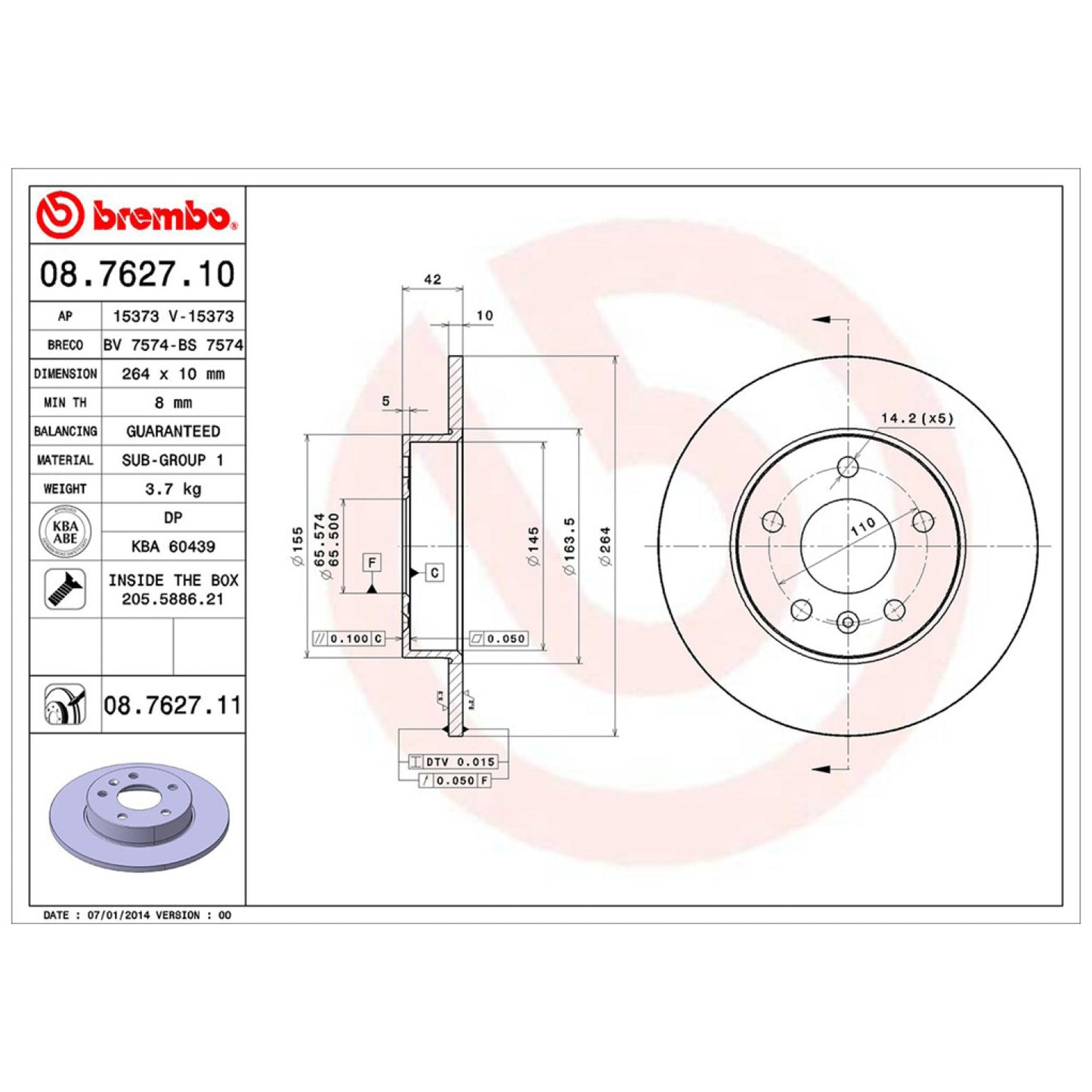 BRE-08.7627.11 - PAR DE DISCOS DE FRENO DELANTEROS PARA CHEVROLET ASTRA BASE 2000-2006