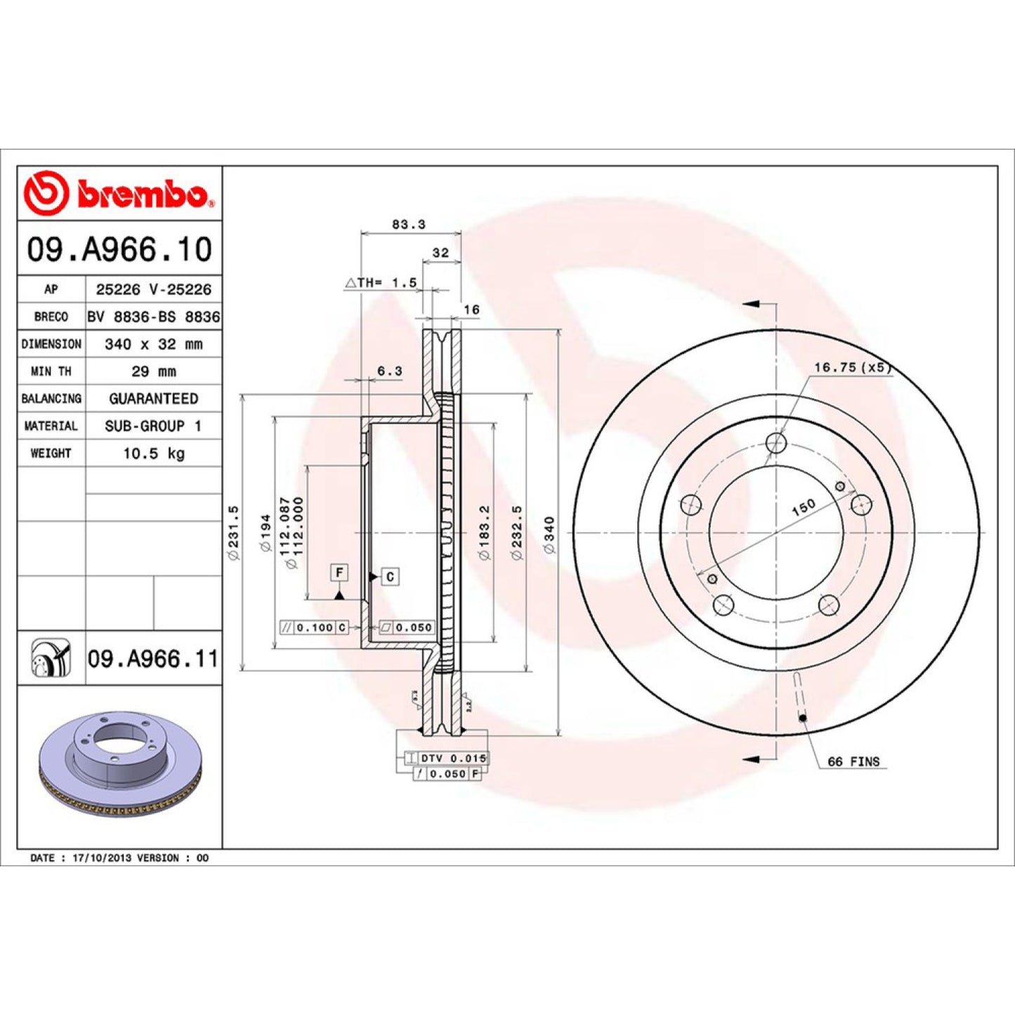 BRE-09.A966.10 - PAR DE DISCOS DE FRENO DELANTEROS PARA LEXUS LX570 BASE 2008-2015