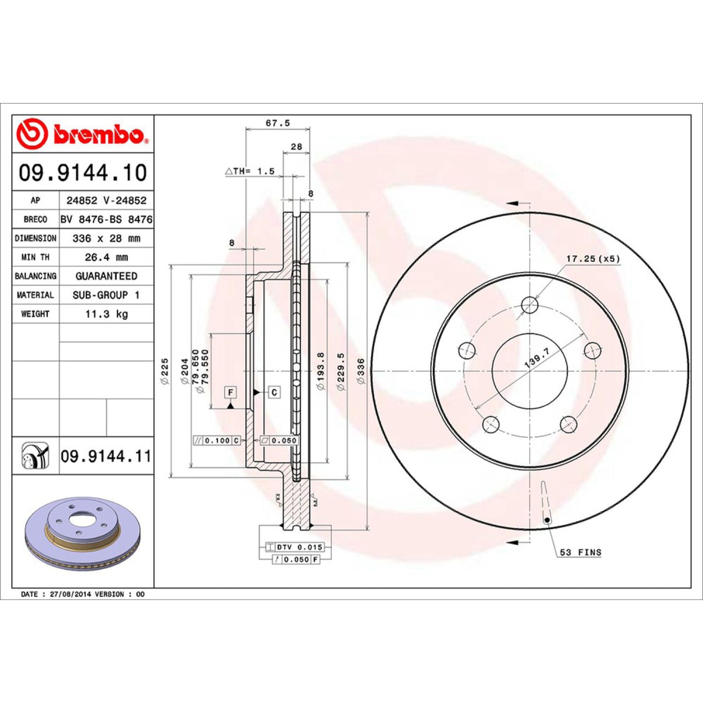 BRE-09.9144.10 - PAR DE DISCOS DE FRENO DELANTEROS PARA CHRYSLER ASPEN LIMITED 5.7 8 2007-2007
