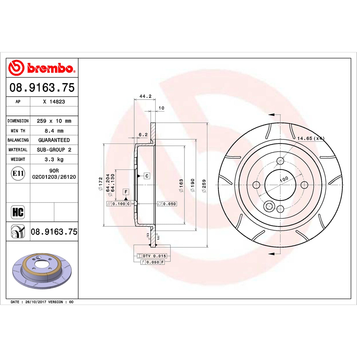 BRE-08.9163.75 - PAR DE DISCOS DE FRENO TRASEROS PARA MINI COOPER BASE 2006-2006