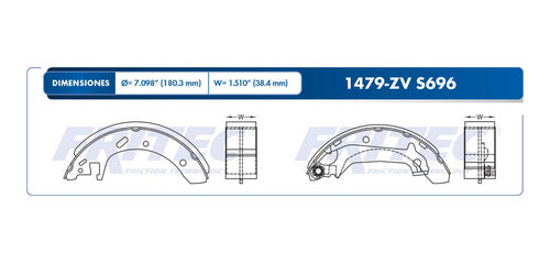OW-1479-ZV - ZAPATA DE FRENOS <BR> ESTANDAR VULCANIZADO <BR> DIAMETRO 203 MM 8.000 IN <BR> FORD CONTOUR 1995-1999 <BR> MERCURY MYSTIQUE 1995-2000