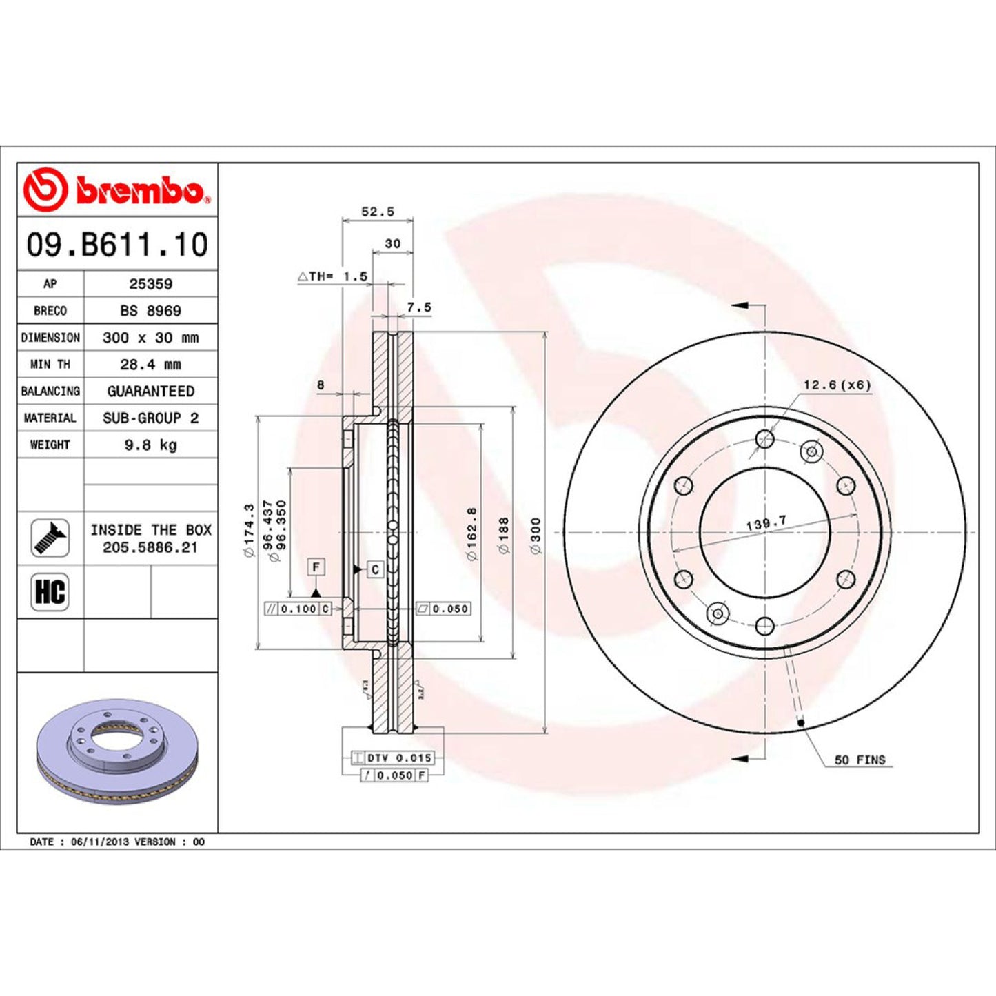 BRE-09.B611.10 - PAR DE DISCOS DE FRENO DELANTEROS PARA DODGE H100 VAN BASE 2012-2013