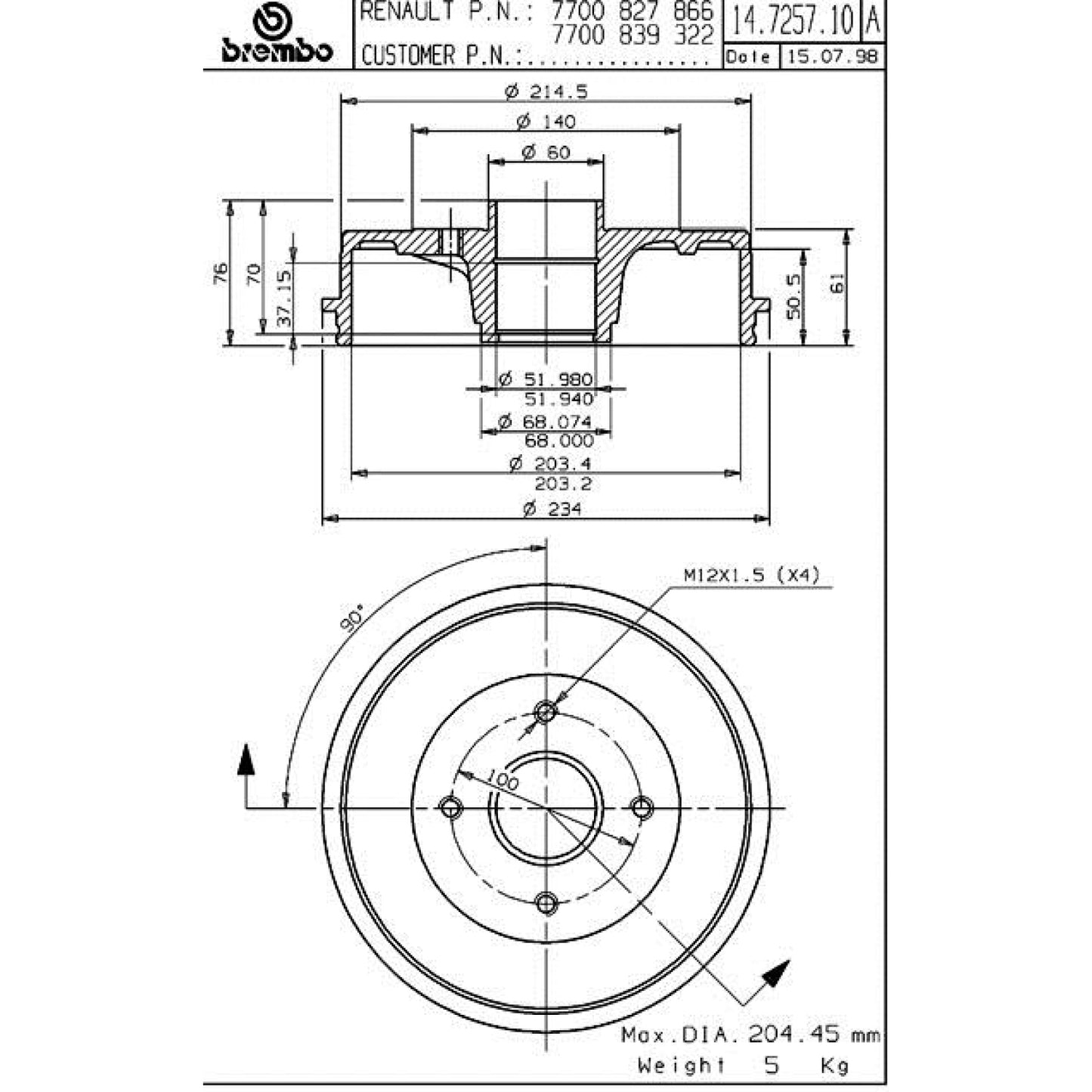 BRE-14.7257.10 - PAR DE TAMBORES DE FRENO TRASEROS PARA NISSAN APRIO BASE 2008-2010