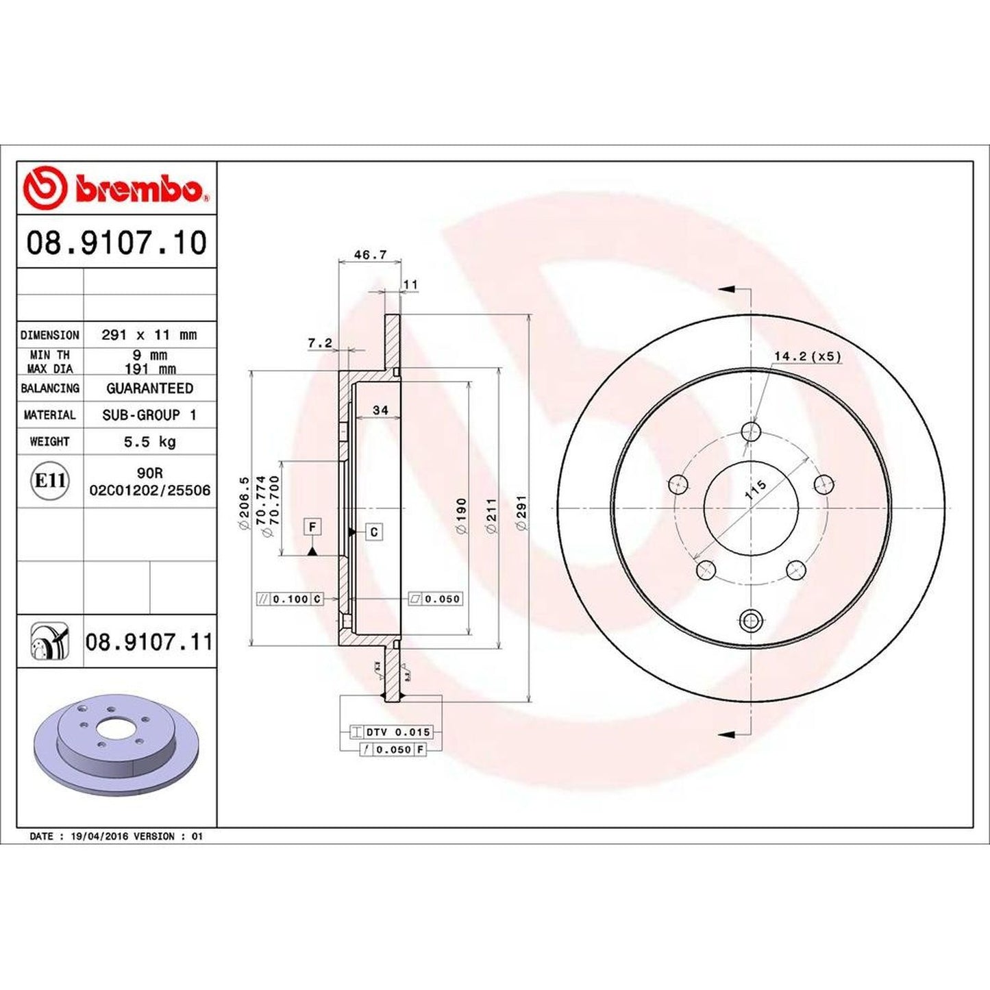 BRE-08.9107.11 - PAR DE DISCOS DE FRENO TRASEROS PARA BUICK RENDEZVOUS CX 2002-2007