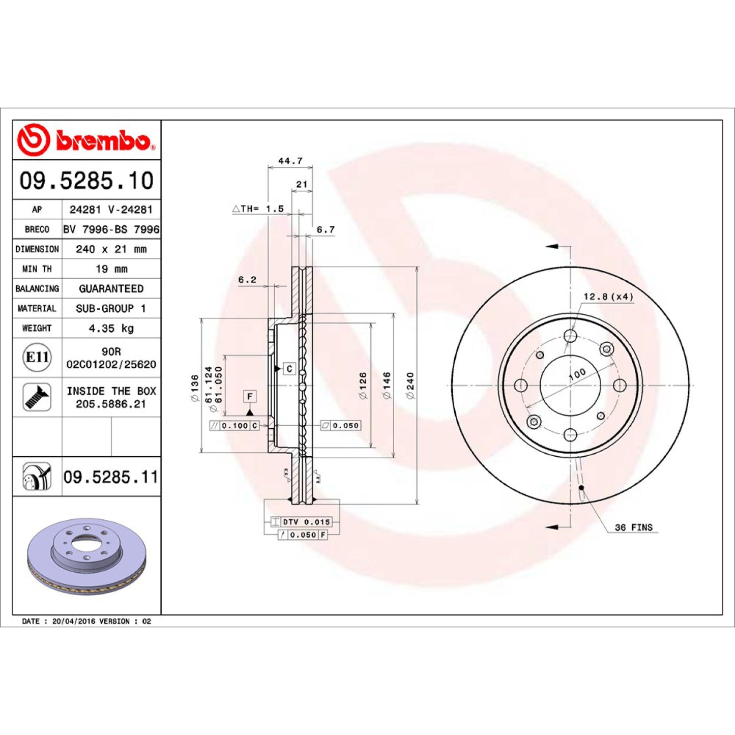 BRE-09.5285.10 - PAR DE DISCOS DE FRENO DELANTEROS PARA HONDA CIVIC BASE 1990-1991