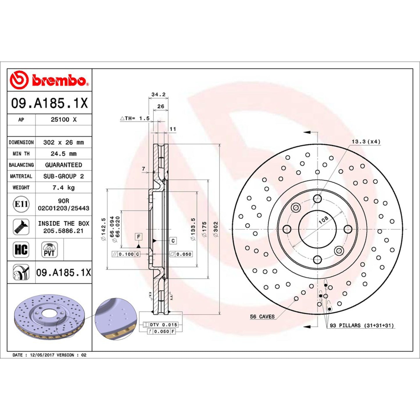 BRE-09.A185.1X - PAR DE DISCOS DE FRENO DELANTEROS PARA PEUGEOT 208 ACTIVE 2014-2016