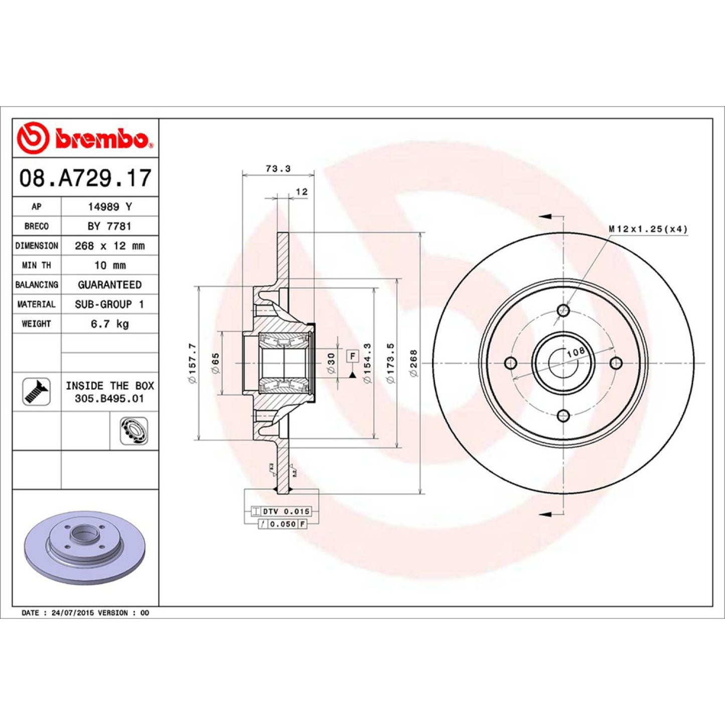 BRE-08.A729.17 - PAR DE DISCOS DE FRENO TRASEROS PARA PEUGEOT 3008 ALLURE 2013-2014