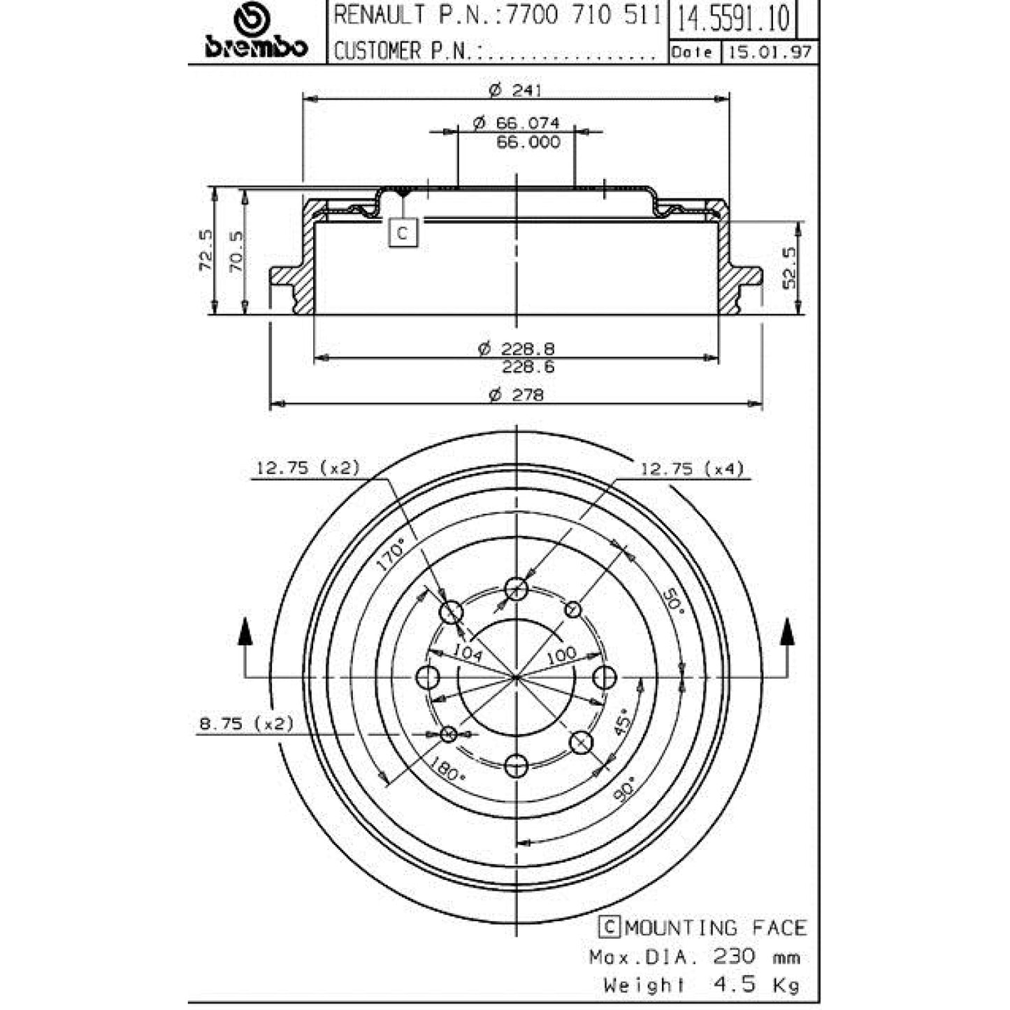 BRE-14.5591.10 - PAR DE TAMBORES DE FRENO TRASEROS PARA RENAULT KANGOO AUTHENTIQUE 2007-2009