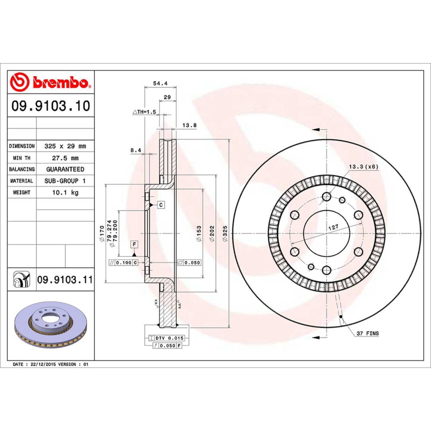 BRE-09.9103.10 - PAR DE DISCOS DE FRENO DELANTEROS PARA CHEVROLET SSR BASE 2003-2006