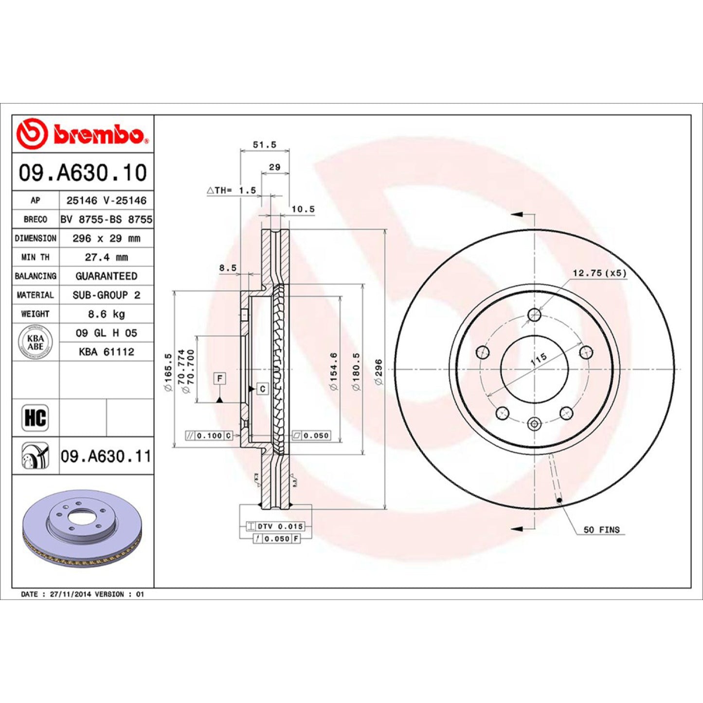 BRE-09.A630.10 - PAR DE DISCOS DE FRENO DELANTEROS PARA CHEVROLET CAPTIVA SPORT BASE 2008-2009
