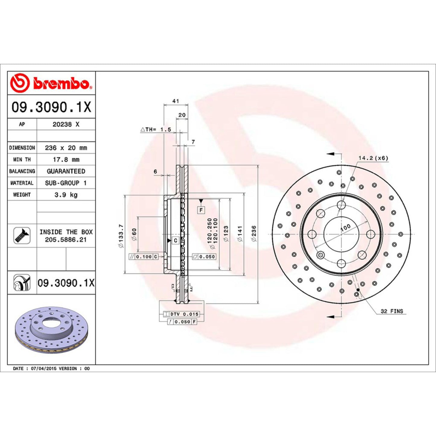 BRE-09.3090.1X - PAR DE DISCOS DE FRENO DELANTEROS PARA CHEVROLET CHEVY BASE 1998-2012