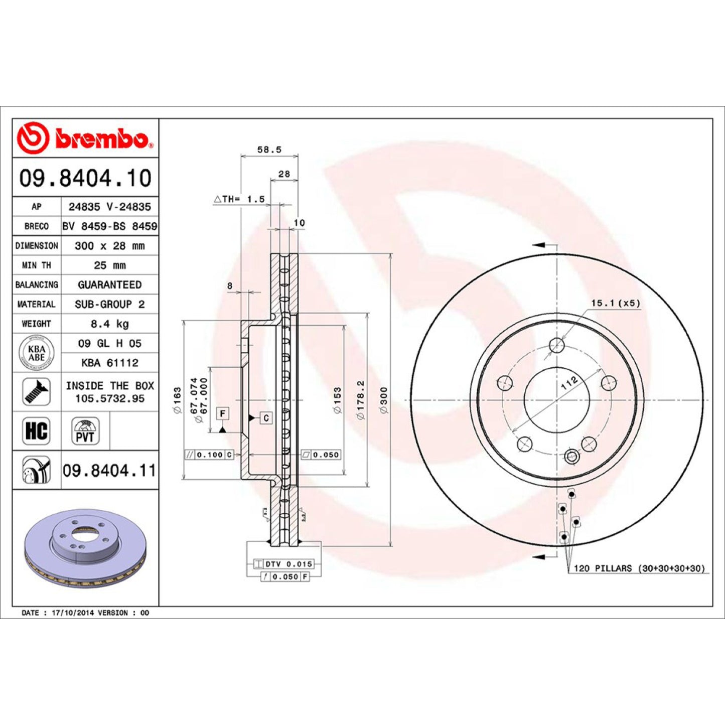 BRE-09.8404.10 - PAR DE DISCOS DE FRENO DELANTEROS PARA MERCEDES-BENZ V220D AVANTGARDE 2016-2019
