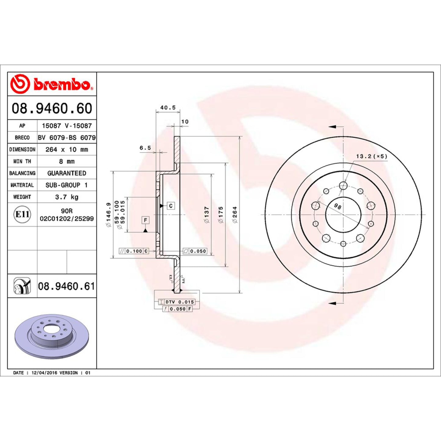 BRE-08.9460.61 - PAR DE DISCOS DE FRENO TRASEROS PARA FIAT 500L EASY 2014-2017