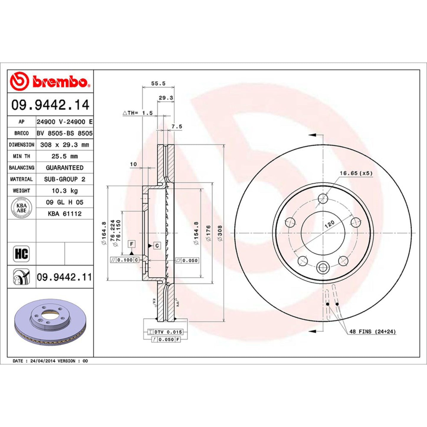 BRE-09.9442.10 - PAR DE DISCOS DE FRENO DELANTEROS PARA VOLKSWAGEN EUROVAN BASE 2006-2009