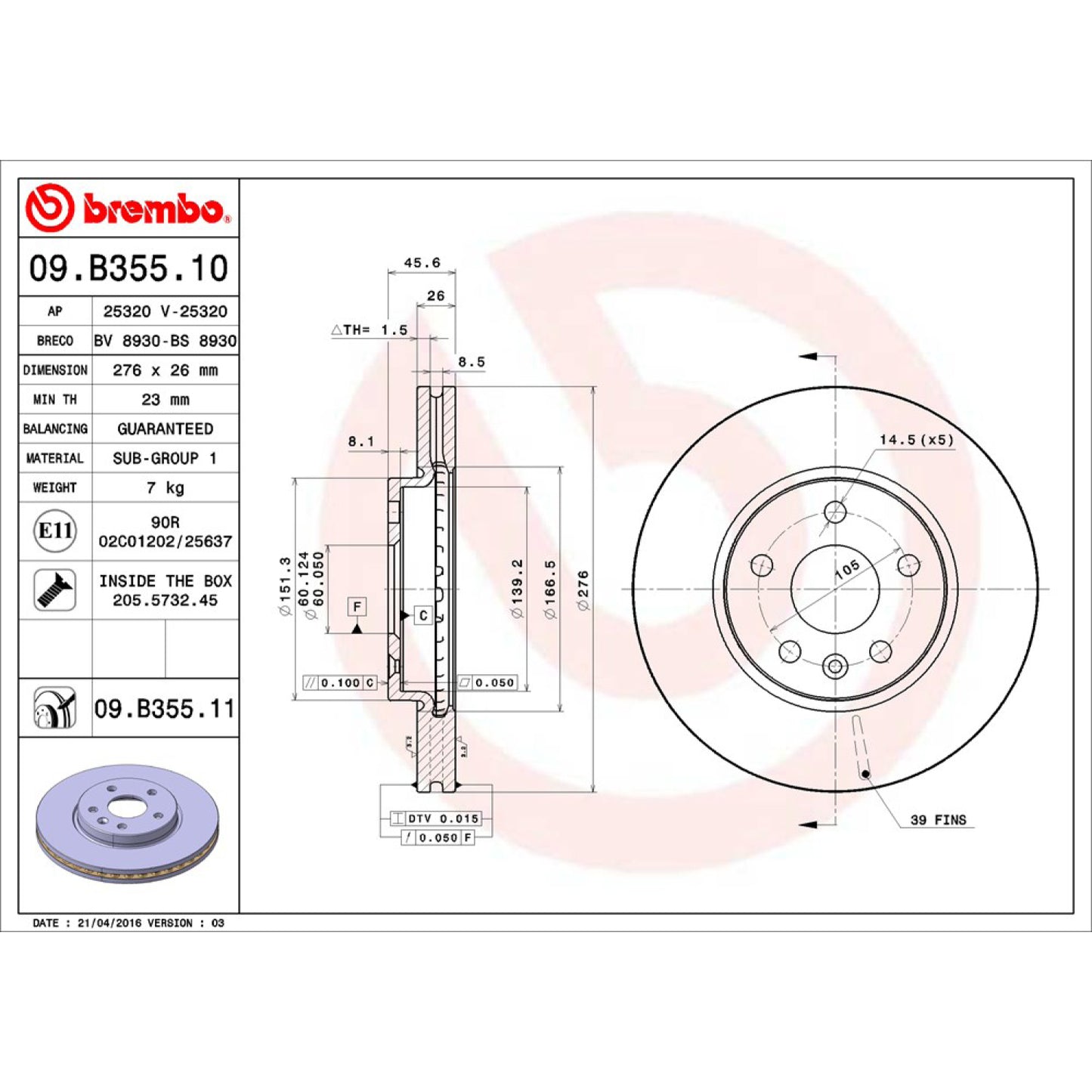 BRE-09.B355.10 - PAR DE DISCOS DE FRENO DELANTEROS PARA CHEVROLET CRUZE BASE 2010-2012