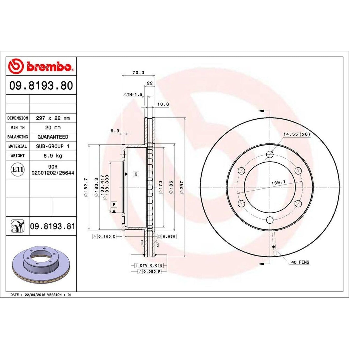 BRE-09.8193.81 - PAR DE DISCOS DE FRENO DELANTEROS PARA TOYOTA 4RUNNER BASE 1996-1996