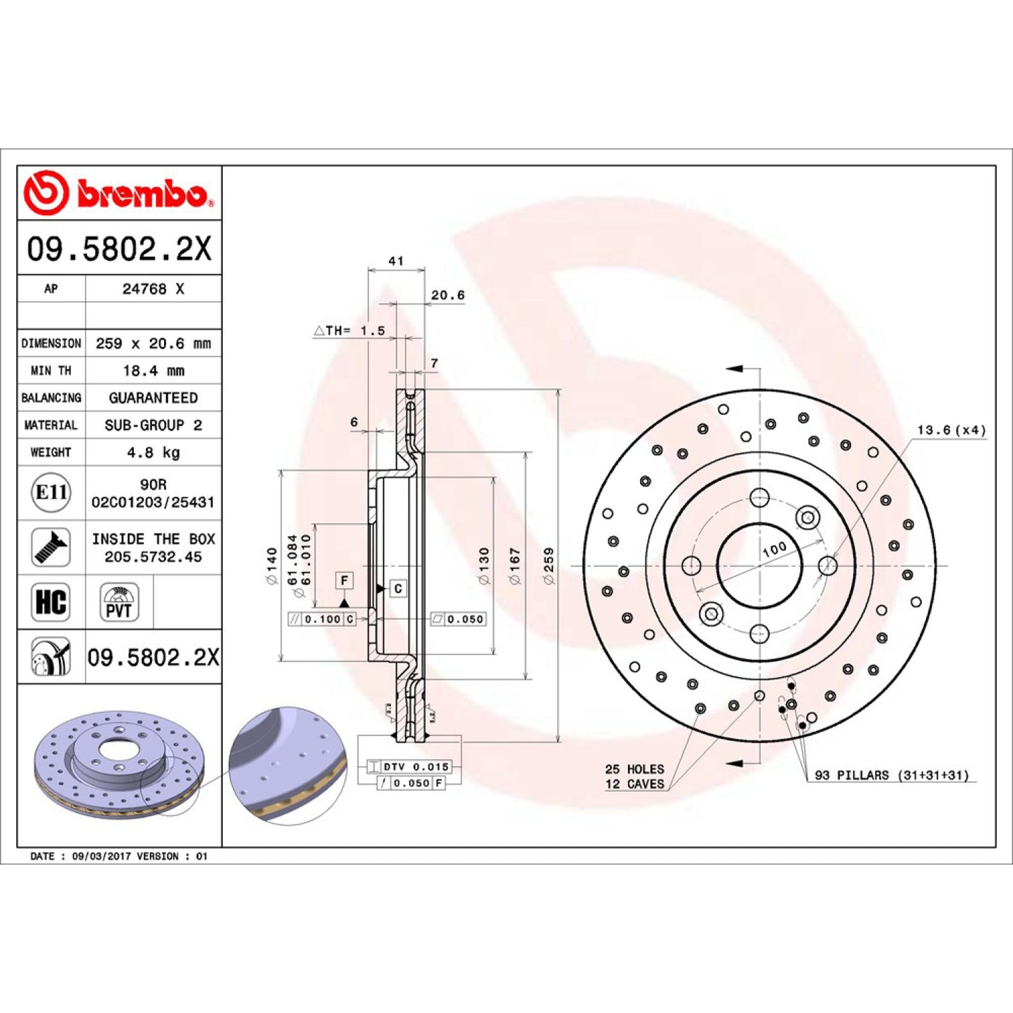 BRE-09.5802.2X - PAR DE DISCOS DE FRENO DELANTEROS PARA NISSAN APRIO BASE 2008-2010