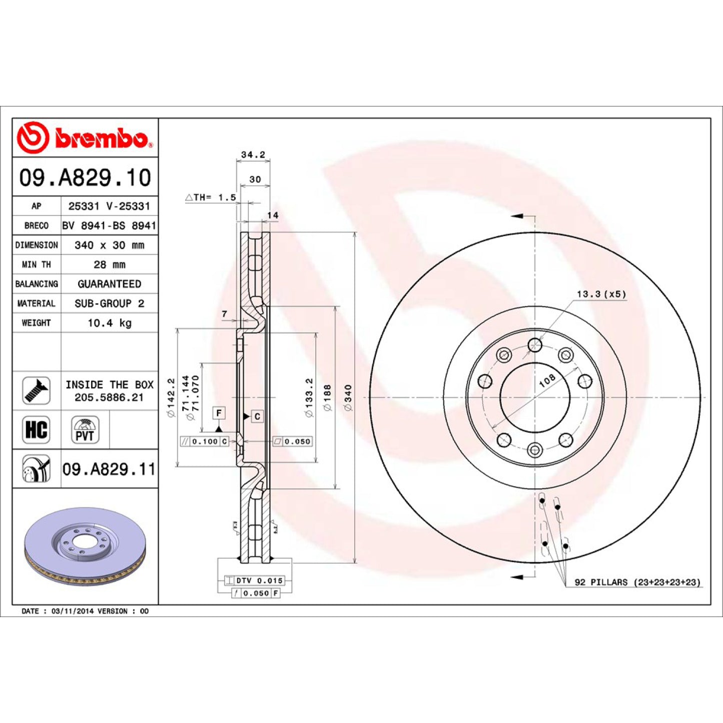 BRE-09.A829.11 - PAR DE DISCOS DE FRENO DELANTEROS PARA PEUGEOT RCZ BASE 2011-2015