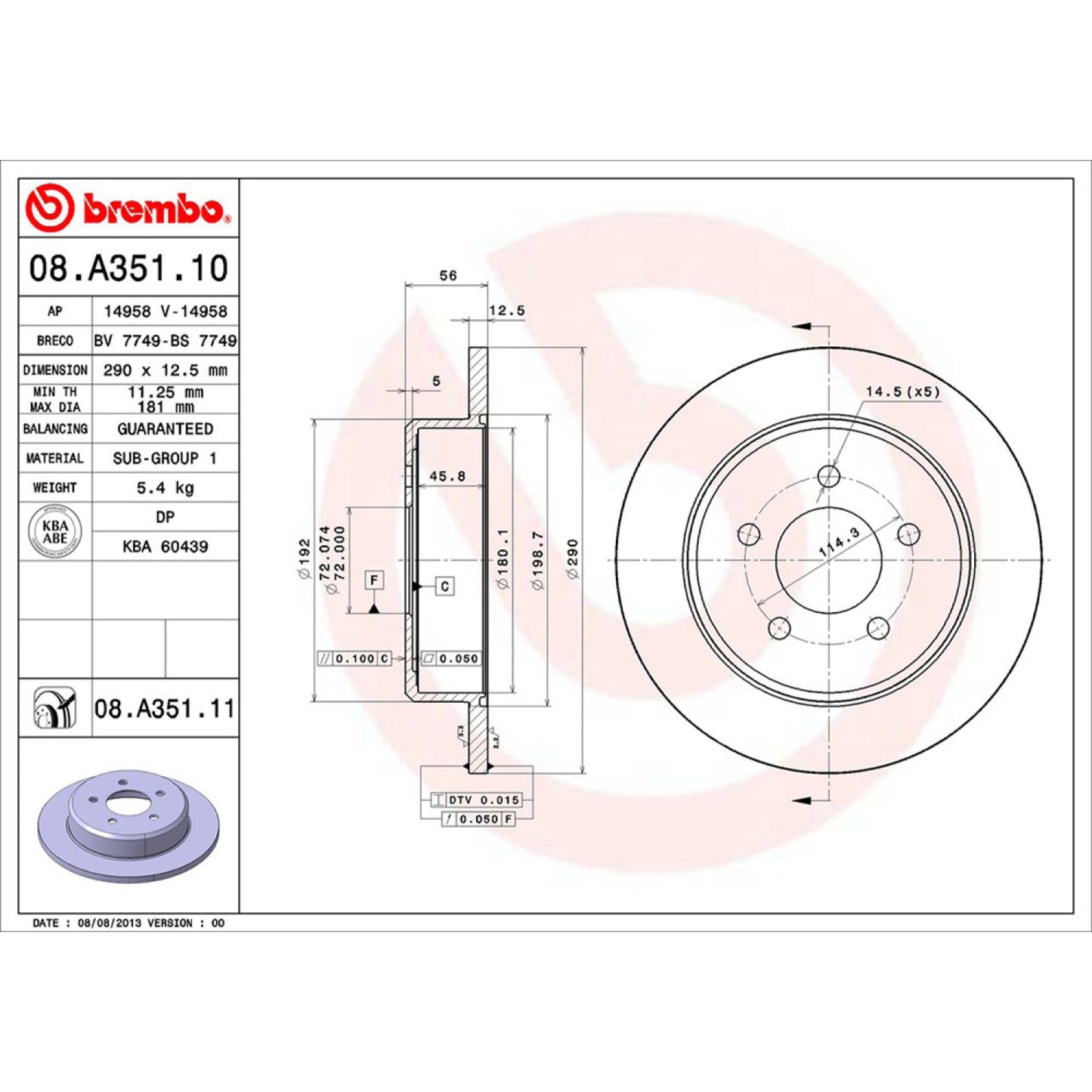 BRE-08.A351.10 - PAR DE DISCOS DE FRENO TRASEROS PARA CHRYSLER TOWN & COUNTRY BASE 2003-2003