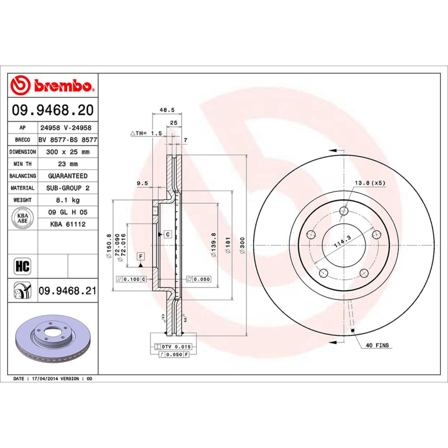 BRE-09.9468.20 - PAR DE DISCOS DE FRENO DELANTEROS PARA MAZDA 3 GT 2004-2013