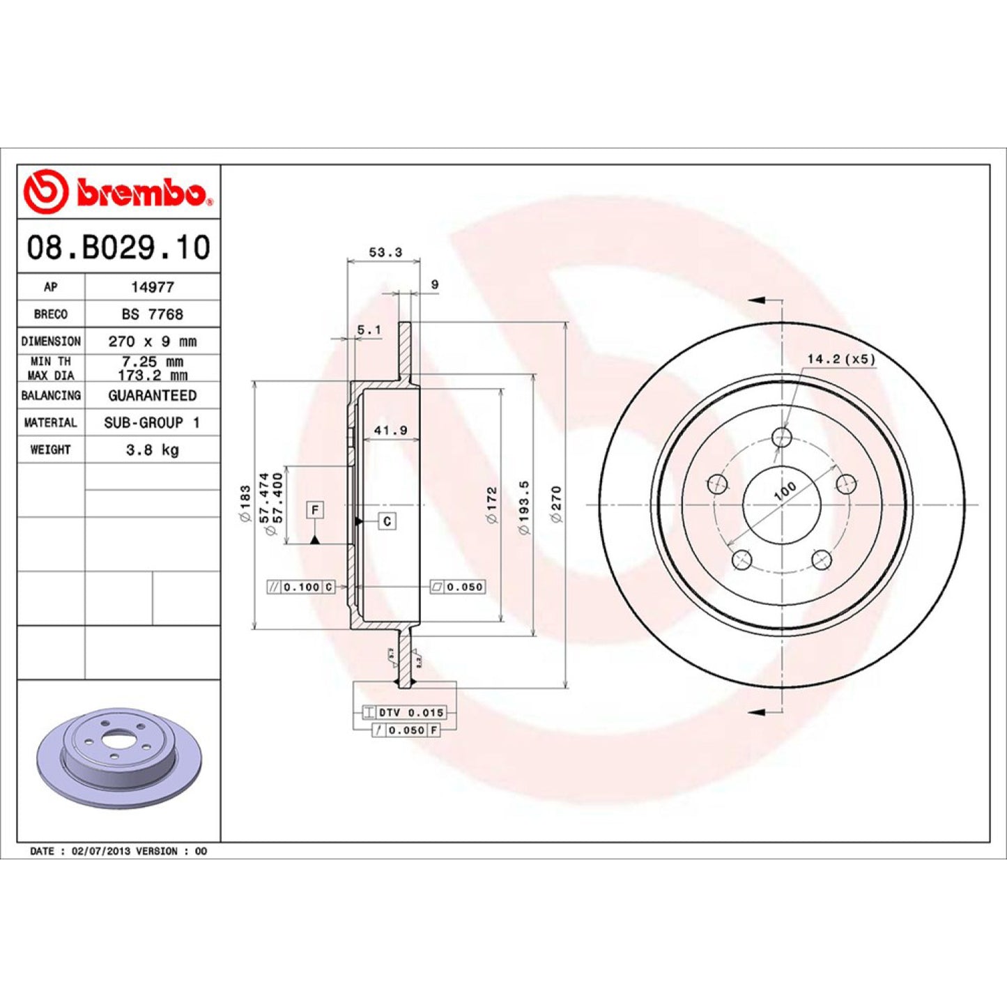 BRE-08.B029.10 - PAR DE DISCOS DE FRENO TRASEROS PARA CHRYSLER CIRRUS BASE 1996-2000