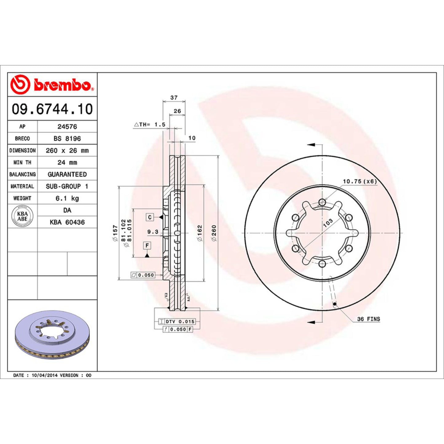BRE-09.6744.10 - PAR DE DISCOS DE FRENO DELANTEROS PARA NISSAN URVAN DX 2000-2001