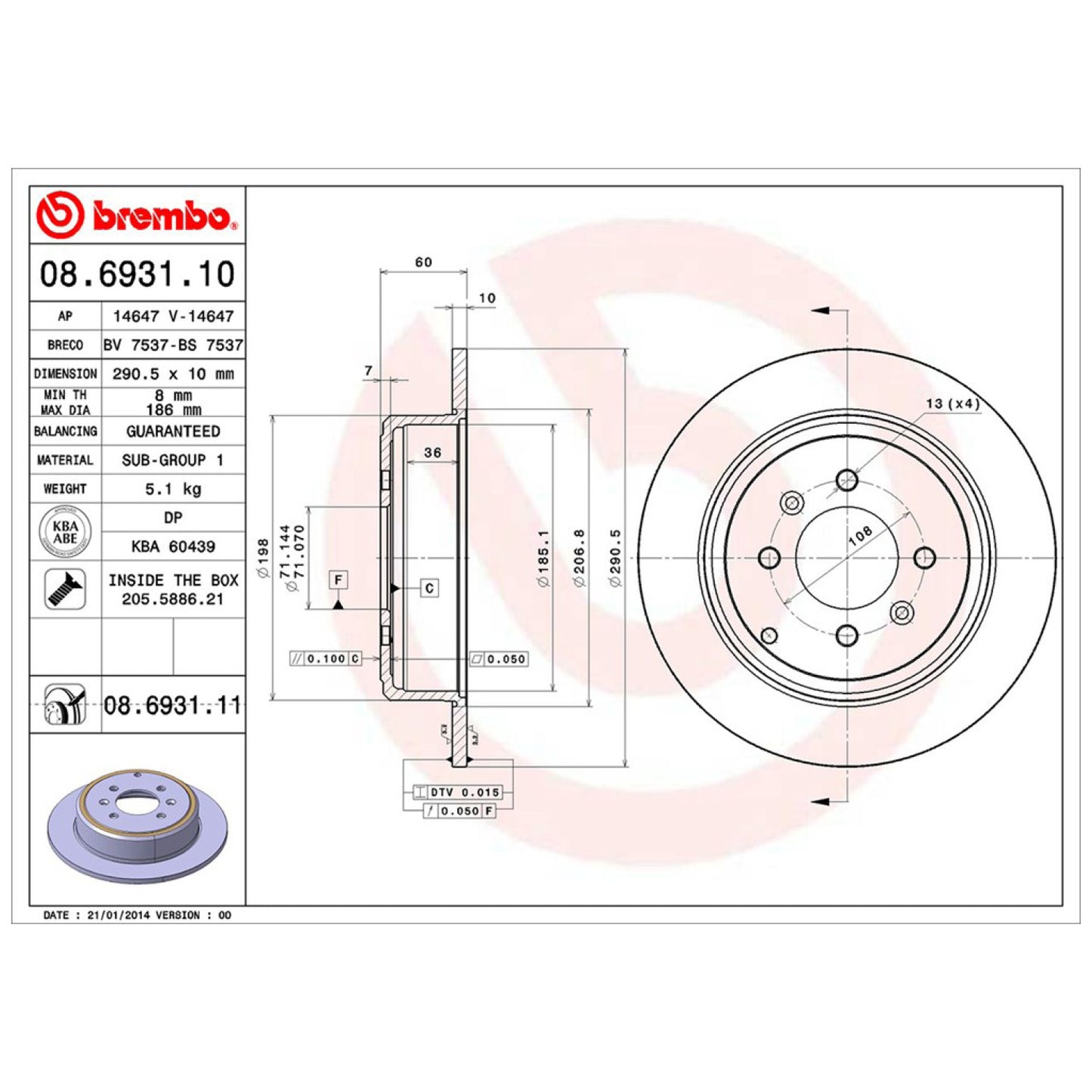 BRE-08.6931.11 - PAR DE DISCOS DE FRENO TRASEROS PARA PEUGEOT 406 BASE 2000-2002