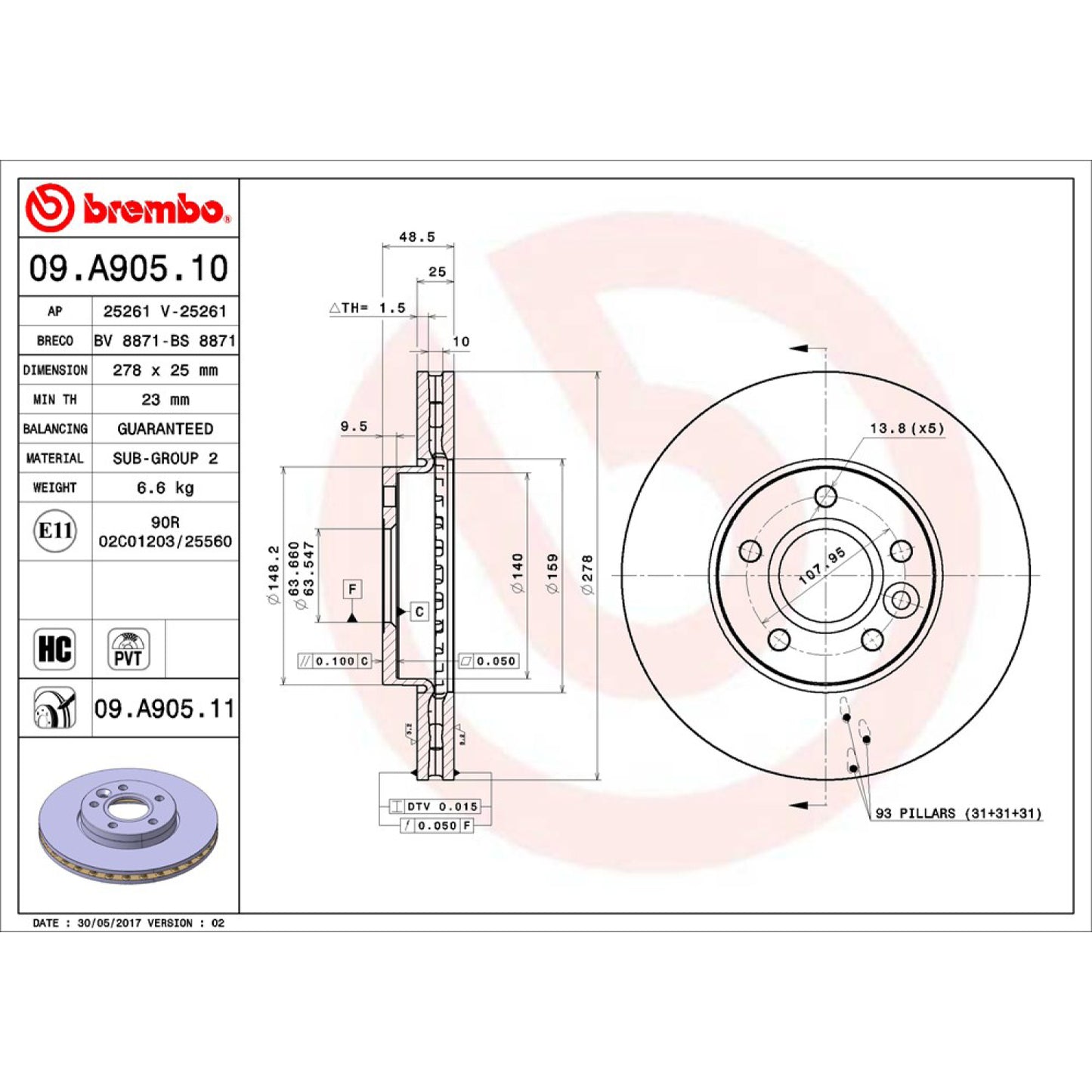 BRE-09.A905.10 - PAR DE DISCOS DE FRENO DELANTEROS PARA FORD C-MAX ENERGI SEL 2013-2013