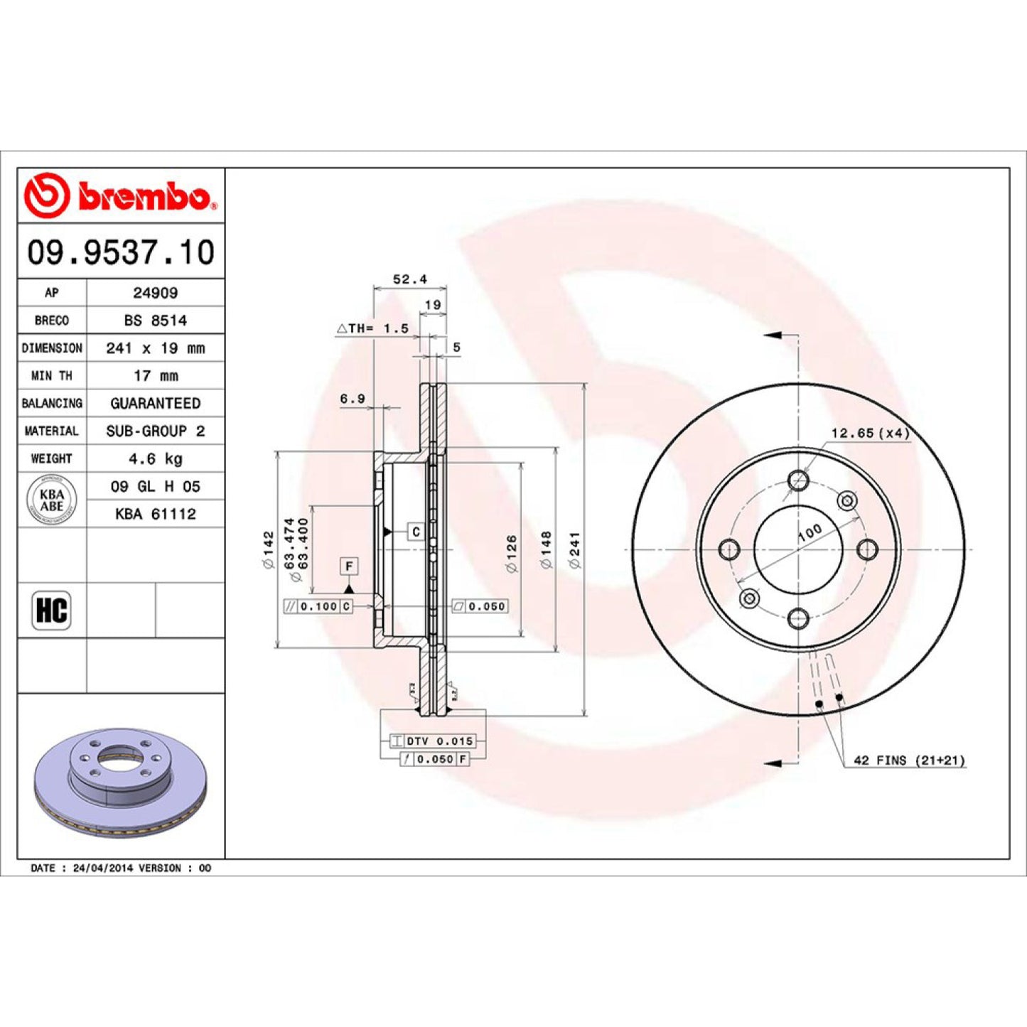 BRE-09.9537.10 - PAR DE DISCOS DE FRENO DELANTEROS PARA DODGE VERNA GL 2004-2006