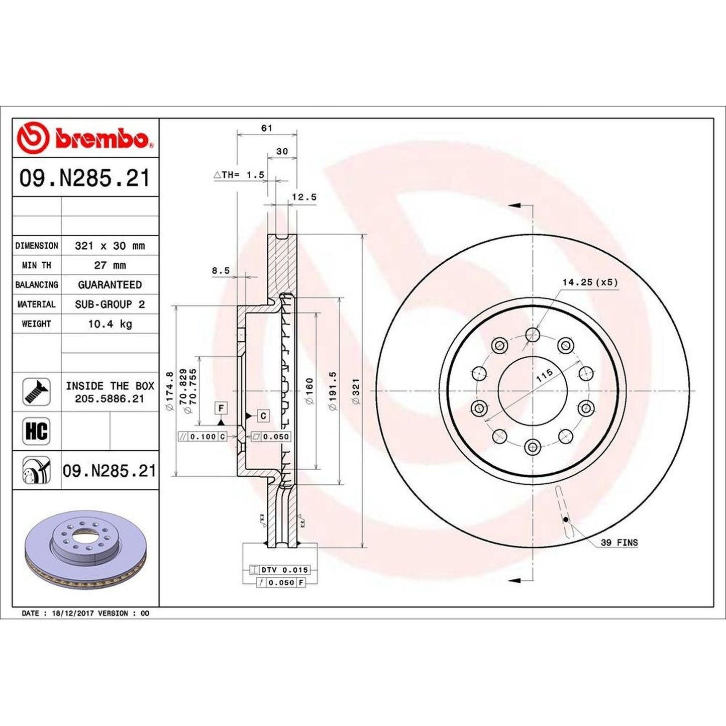 BRE-09.N285.21 - PAR DE DISCOS DE FRENO DELANTEROS PARA CADILLAC ATS BASE 2013-2016