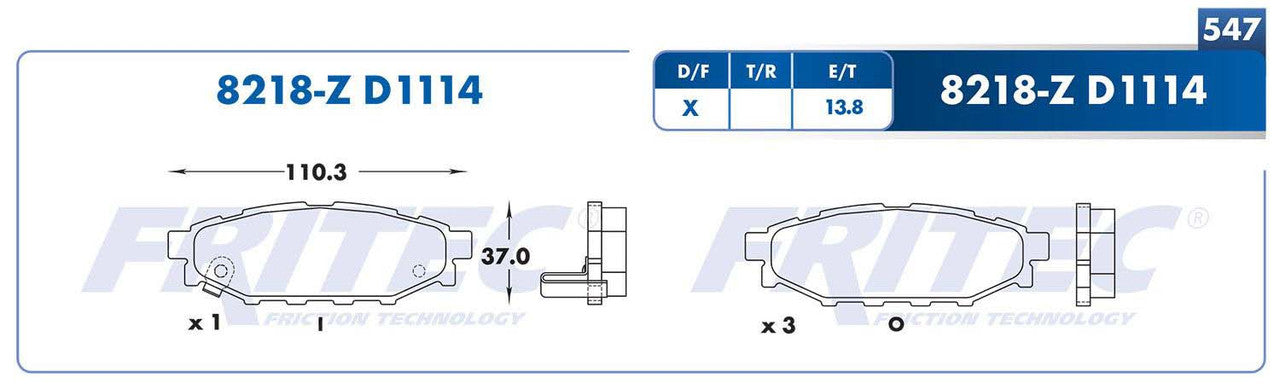M-8218-Z PADS (8218-D1114) RT IMPREZA 2009-2013 SUBARU LEGACY 2009-2013 SUBARU BRZ 2014-2016 SUBARU