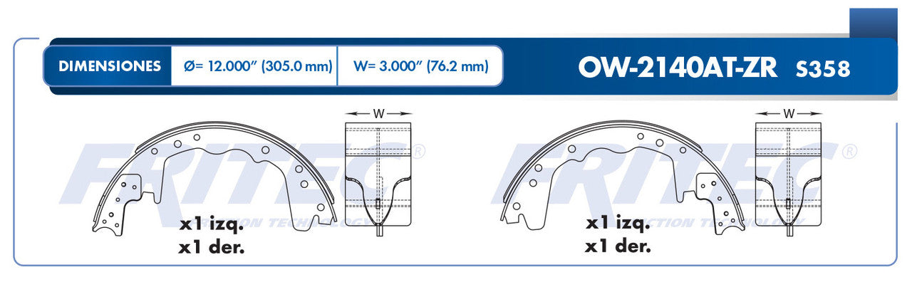 OW-2140AT-ZR BRAKE SHOE (2140AT-S358) DODGE B2500 1994/1997 B350 1990/1994 B3500 1995/1998 D350 1990/1993 W350 1990/1993 DODGE