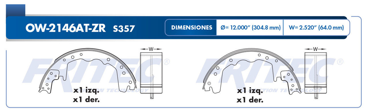 OW-2146AT-ZR BRAKE SHOE (2146AT-S357) DODGE B2500 1994/1997 B350 1990/1994 B3500 1995/1998 D250 1990/1993 D350 1990/1993 W25 DODGE