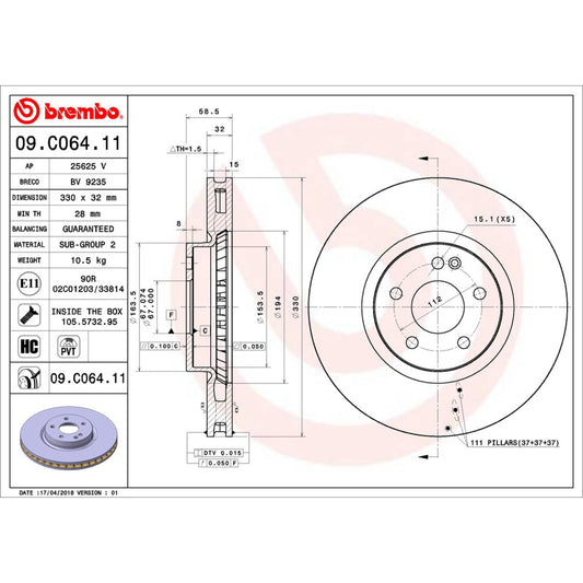BRE-09.C064.11 - PAR DE DISCOS DE FRENO DELANTEROS PARA MERCEDES-BENZ V220D AVANTGARDE 2016-2019