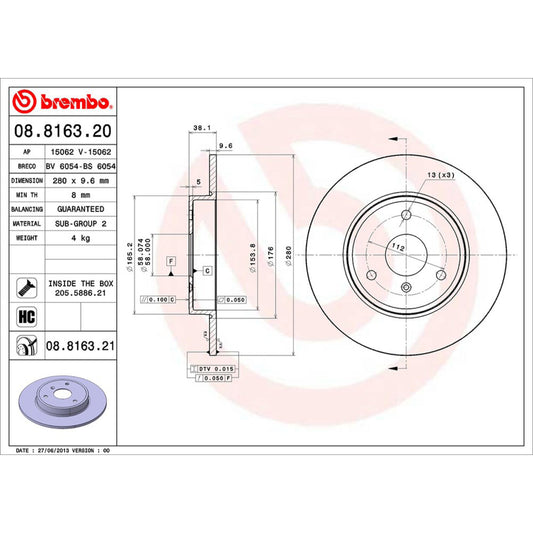 BRE-08.8163.20 - PAR DE DISCOS DE FRENO DELANTEROS PARA SMART FORTWO BO CONCEPT 2014-2014