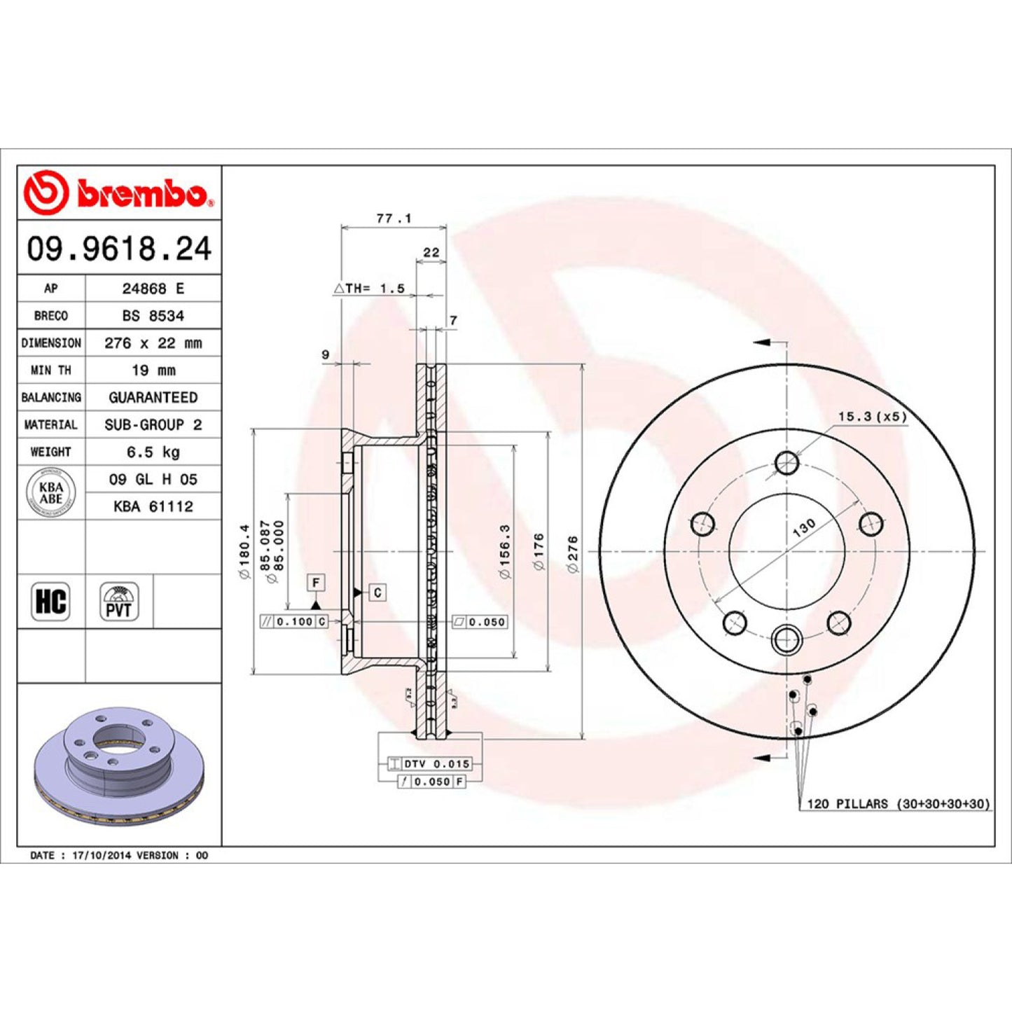 BRE-09.9618.20 - PAR DE DISCOS DE FRENO DELANTEROS PARA MERCEDES-BENZ SPRINTER 316 CDI 2004-2006